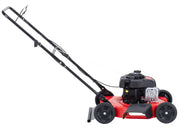 Craftsman CM11A-02T8793 lawn mower, side angle, red deck, black handle and wheels, on white background.