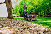 Photo of Craftsman lawn mower CM11A-A2C2093 in use outdoors cutting green grass near a tree and rocks.