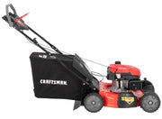 Side view photo of Craftsman red lawn mower with grass bag, CM12ABO2C2093, on white background.