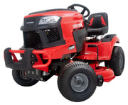 Photo of Craftsman red riding lawn mower T2200DK CM13APA9ZSA93, front angle, black seat and wheels.