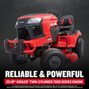 Photo of Craftsman riding lawn mower T2200K, red color, front angle, SKU CM13APA9ZSA93, graphics category.