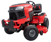 A red Craftsman riding lawn mower with large black tires, a steering wheel, and a cushioned seat, shown isolated on a white background.