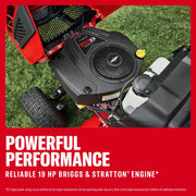Photo of CRAFTSMAN mower engine, Briggs & Stratton 19 HP, shown from above with red mower frame, CM13BL78XTA93.
