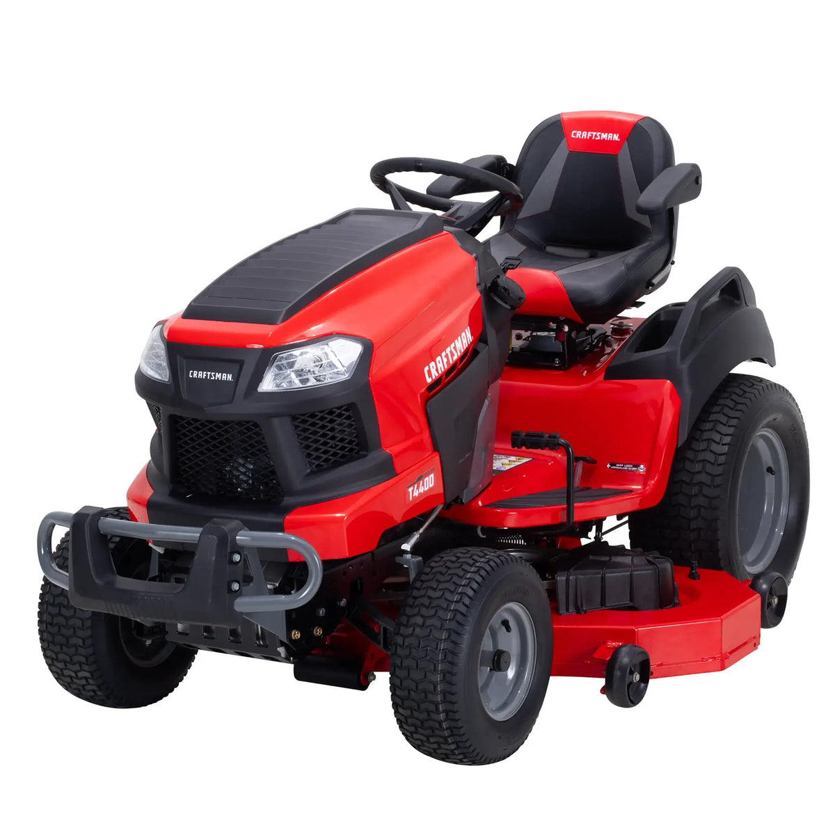 Craftsman red riding lawn mower CM14AHA6ZMA93 front angle on white background, T4400 model.