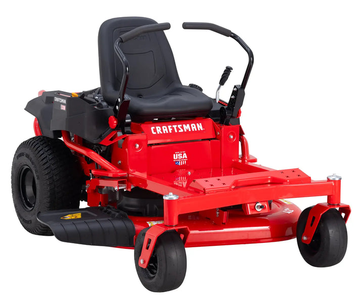 Photo of Craftsman 17AFFACS093 zero-turn red riding lawn mower, front angle on white background.