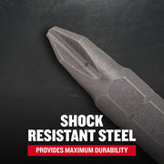 Photo of Craftsman screwdriver bit CMAF121PH230, close-up on steel tip, text highlights shock resistant steel durability.