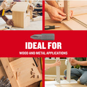 Photo collage of woodworking and assembly projects with CRAFTSMAN CMAF121PH230 Phillips bit, labeled ideal for wood and metal.