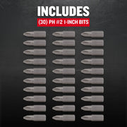 Craftsman PH #2 1-inch bit set, thirty silver bits arranged in rows, CMAF121PH230, graphics category.