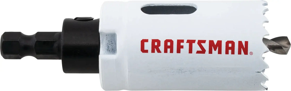 Side view photo of Craftsman hole saw, white body with red logo, SKU CMAH114A, black shank, product photography.