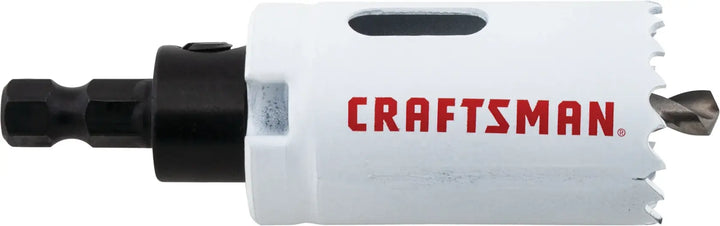 Side view photo of Craftsman hole saw, white body with red logo, SKU CMAH114A, black shank, product photography.