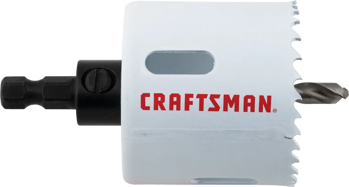 Photo of Craftsman hole saw, white with red logo, side view, SKU CMAH1218A, tool accessory.
