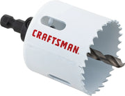 Photo of CRAFTSMAN hole saw with drill bit, white body and black shank, model CMAH1218A, front angle on white background.