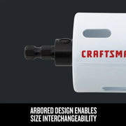 Photo of Craftsman hole saw, white with arbores and CMAH12A SKU, side angle, black hex shank visible.