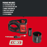Photo of Craftsman door lock installation kit CMAH1MDL with two hole saws, door jig, mandrel, router bit, and bolt plate template on white background.