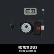 CRAFTSMAN door lock installation kit CMAH1WDL with jig, hole saw, drill bit, and template, front angle.