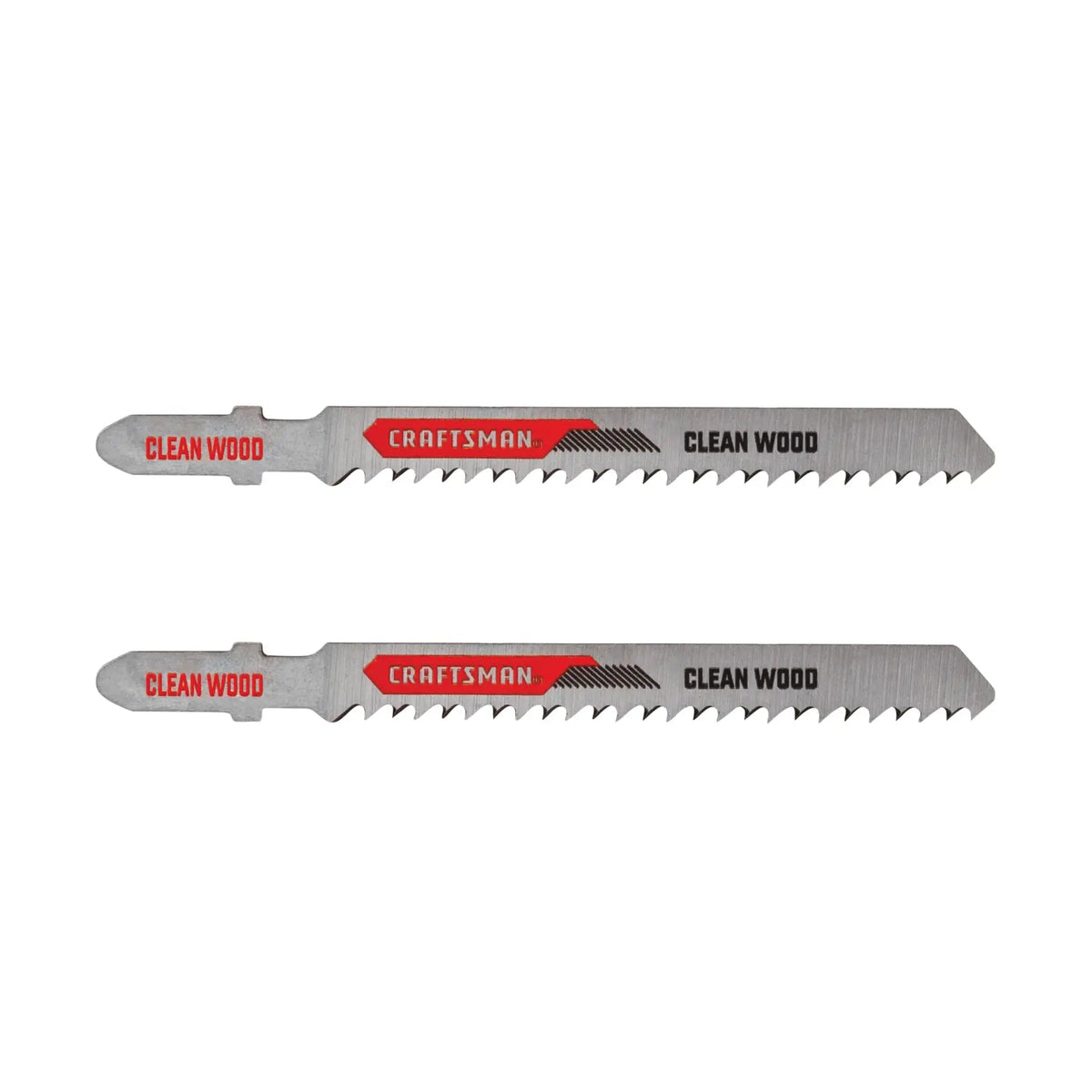 Photo of two Craftsman jigsaw wood blades CMAJ1410WC2, silver with red and black detail, front angle.