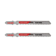 Photo of two Craftsman jigsaw wood blades CMAJ1410WC2, silver with red and black detail, front angle.