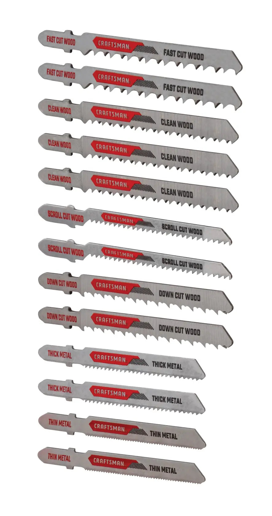 Photo of Craftsman jigsaw blade set CMAJ1SET13, 13 assorted metal and wood blades on white background.