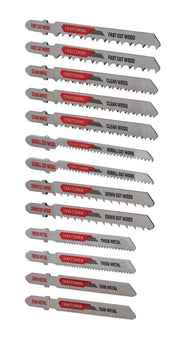 Photo of Craftsman jigsaw blade set CMAJ1SET13, 13 assorted metal and wood blades on white background.