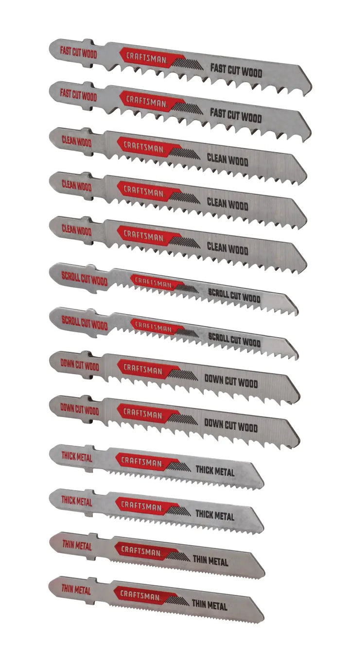 Photo of Craftsman jigsaw blade set CMAJ1SET13, 13 assorted metal and wood blades on white background.