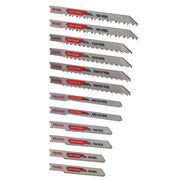 Photo of Craftsman CMAJ2SET12 jigsaw blade set, 12 metal and wood cutting blades shown side angle on white background.