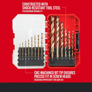 Craftsman drill bit set CMAM2214 with shock-resistant tool steel, open case showing multiple bits, front angle.