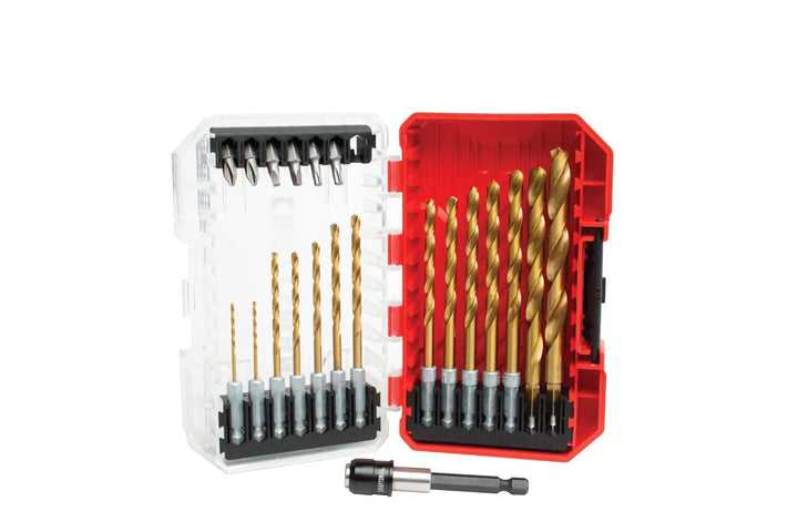 Photo of CRAFTSMAN drill bit set CMAM3211 with gold drill bits and driver bits in red and clear case, front view.