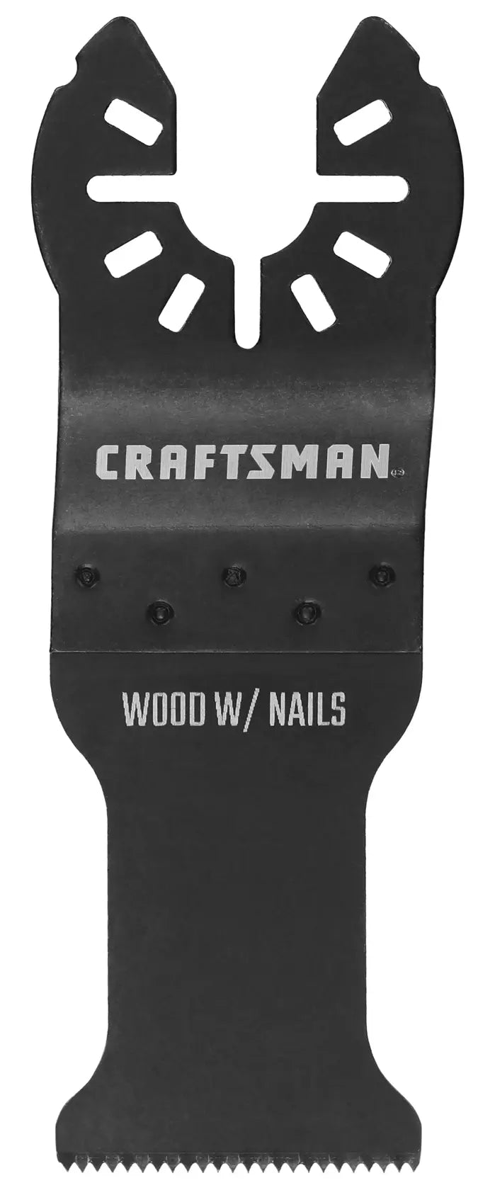 Front view photo of Craftsman oscillating tool blade for wood with nails, SKU CMAO103, black finish.