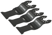 Photo of three Craftsman multi-tool wood cutting blades, SKU CMAO106-3, black, angled on white background.
