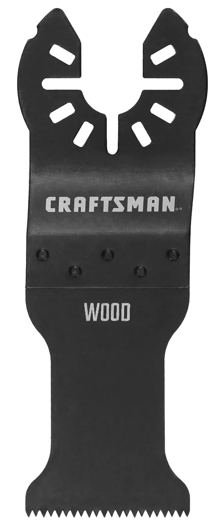Photo of Craftsman wood cutting blade SKU CMAO106, black, for oscillating tools, front angle on white background.