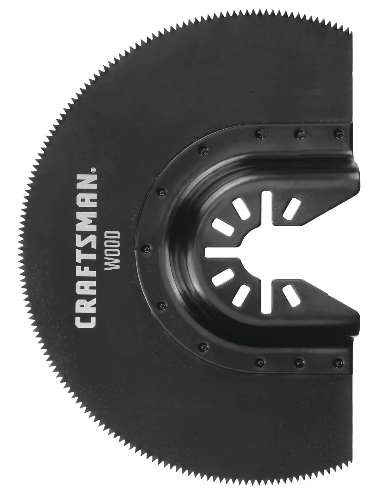 Photo of Craftsman wood-cutting oscillating saw blade, SKU CMAO112, black, semicircular, front view on white background.