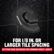 Craftsman CMAO400 grout removal blade, curved black blade with abrasive edge for common grout joints, front view.