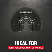 Photo of CRAFTSMAN oscillating tool blade CMAO400 for grout, thinset, and tile, shown front angle on dark background.