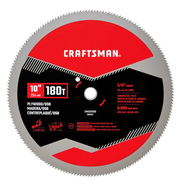 Photo of CRAFTSMAN 10 inch 180T plywood/OSB saw blade, CMAS210180, with carbide steel teeth, front angle on white background.