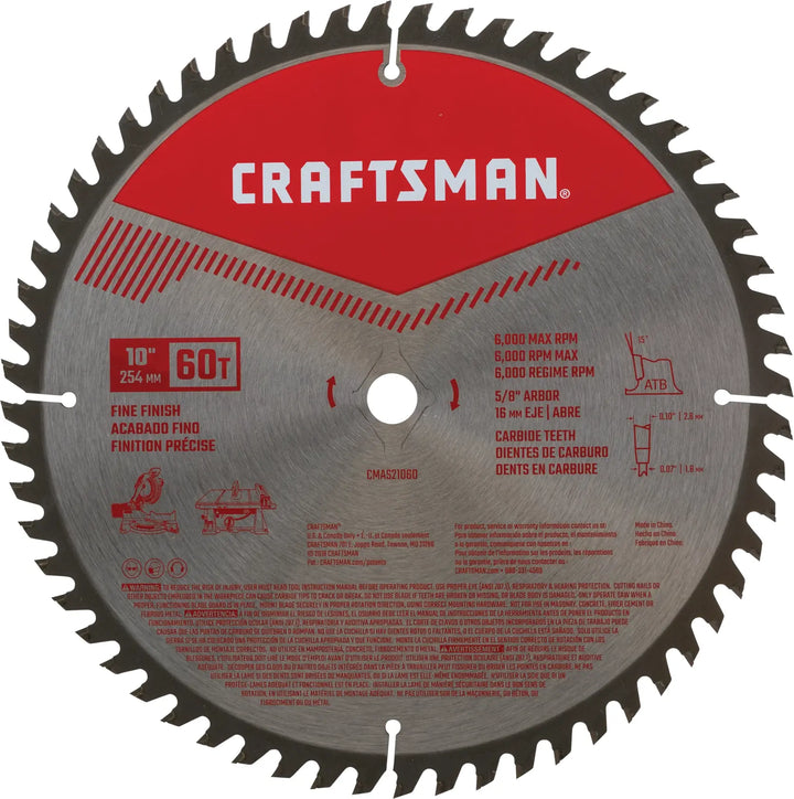 Photo of Craftsman 10-inch 60-tooth circular saw blade, SKU CMAS21060, front angle, red and silver design, fine finish.