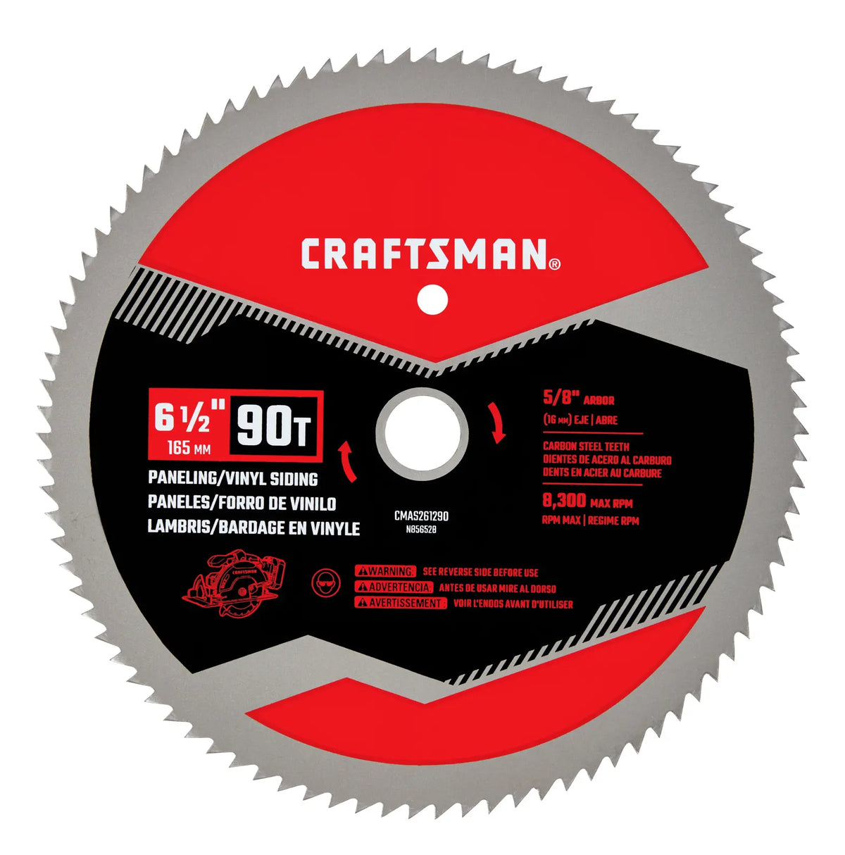 Photo of Craftsman circular saw blade CMAS261290, 6.5 inch, 90 teeth, red and black front view on white background.