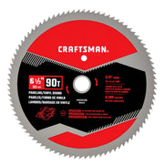 Photo of Craftsman circular saw blade CMAS261290, 6.5 inch, 90 teeth, red and black front view on white background.