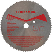 Photo of Craftsman saw blade CMAS261290, metal finish, red graphics, front view, circular shape, sharp teeth.