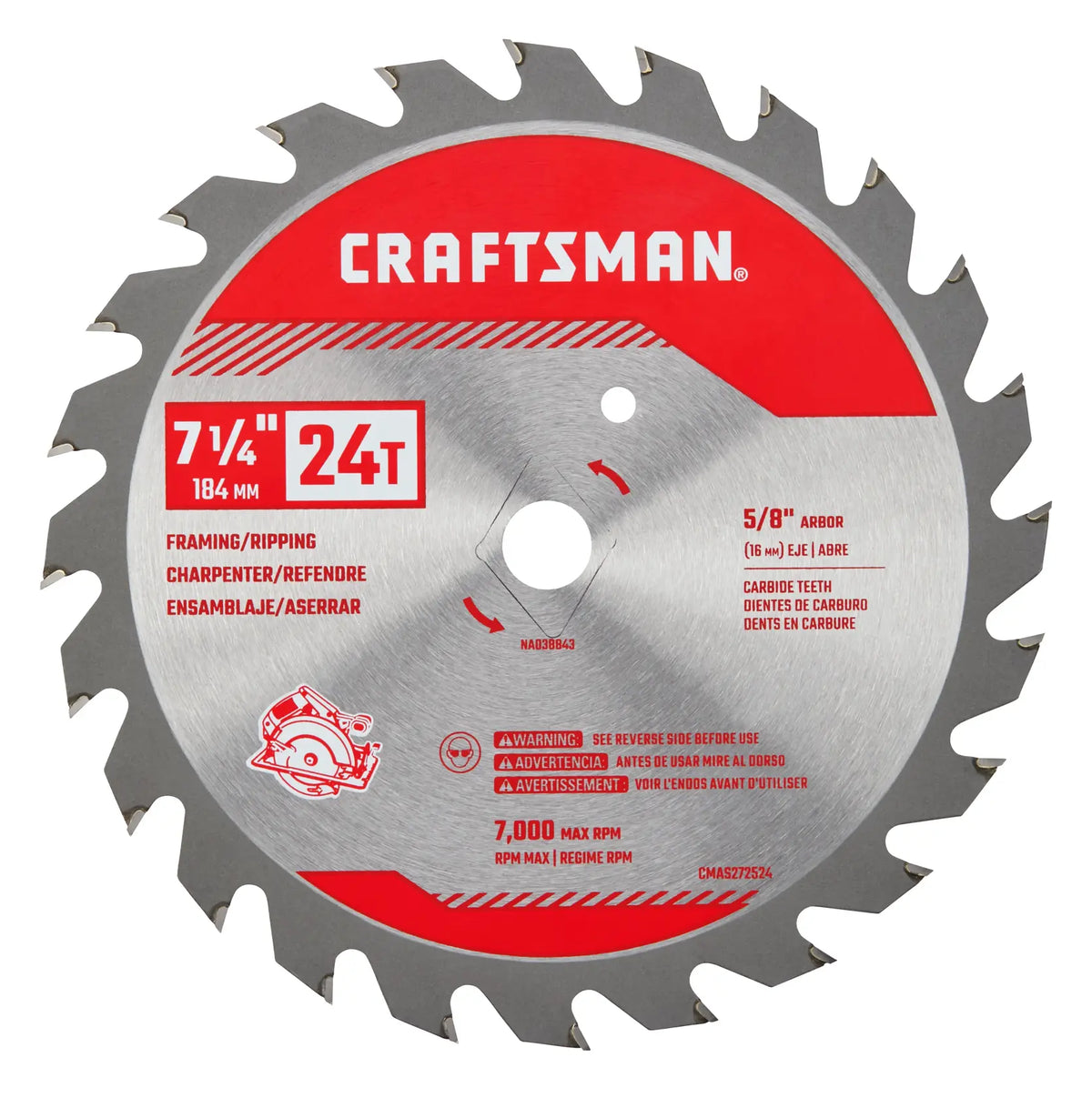 Photo of Craftsman 7-1/4 inch 24T circular saw blade, SKU CMAS272524, shown from front on white background.