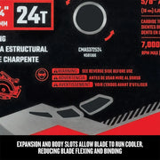 Photo of Craftsman graphics packaging, SKU CMAS372524, showing 24T blade details and safety warnings.