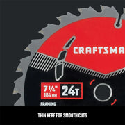 Photo of Craftsman circular saw blade, SKU CMAS372524, 7-1/4 inch, 24 teeth, red and black, front angle.