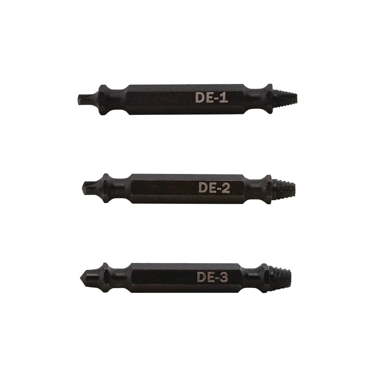 Photo of three CRAFTSMAN screw extractor bits, DE-1, DE-2, DE-3, SKU CMAT133, front angle, on white background.