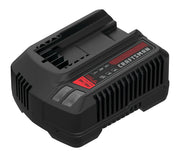 Photo of Craftsman battery charger, model CMCB104, black plastic, angled view on white background.