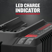 Craftsman battery charger CMCB104, black with LED charge indicator, angled close-up photo.