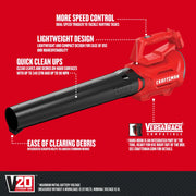 Craftsman V20 cordless leaf blower CMCBL700B side angle, red and black, dual-speed trigger, VersaTrack compatible.