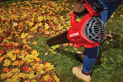 Photo of CRAFTSMAN CMCBL700D1 leaf blower used to clear autumn leaves from grass outdoors.