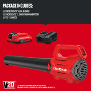 Photo of Craftsman axial blower CMCBL700D1, V20 battery, and charger on red background.