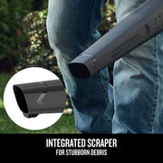 CRAFTSMAN CMCBL710B blower nozzle with integrated scraper shown outdoors, close-up on nozzle end.
