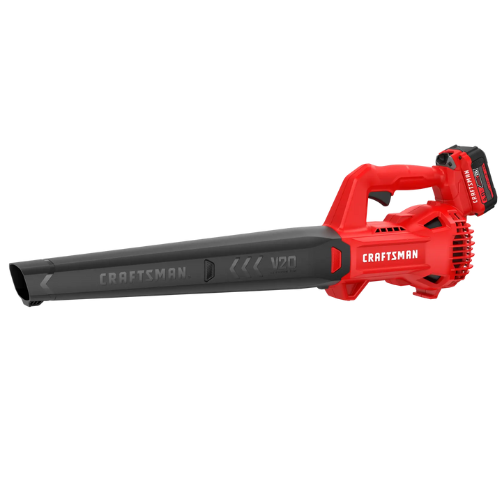 Photo of Craftsman CMCBL710M1 cordless leaf blower, red and black, side view, V20 battery visible.