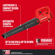 Photo of Craftsman cordless leaf blower CMCBL710M1, red and black, graphics highlighting key features.